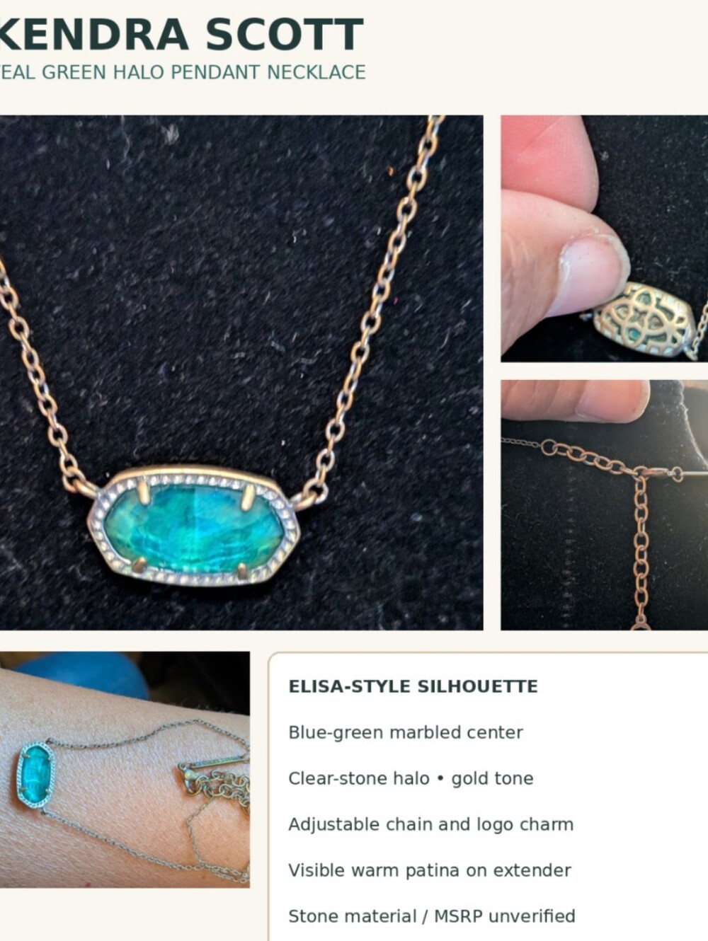 Kendra Scott Teal Green Elisa Style Halo Pendant Necklace Gold Tone